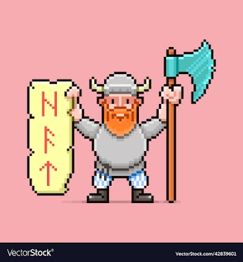viking with a big axe and parchment with runes nft