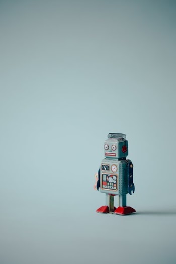 Vintage Blue Robot Portrait Wide