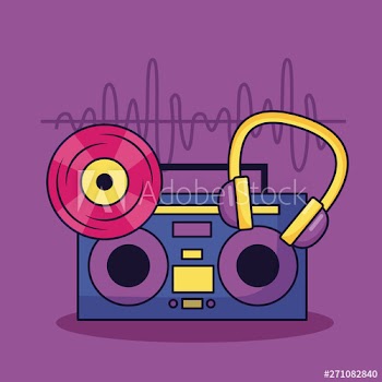 vintage boombox stereo vinyl and headphones music colorful background