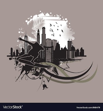 Vintage city background with surfer vector image
