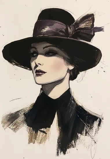 Vintage Fashion Illustration of a Chic Woman in a Black Hat Vintage Fashion Illustration of a Chic Woman in a Black Hat