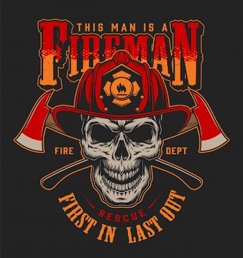 Vintage firefighter labels concept with letterings crossed axes fireman skull in helmet illustration Free Vector