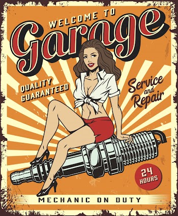 Vintage garage service poster template with pin up girl Free Vector