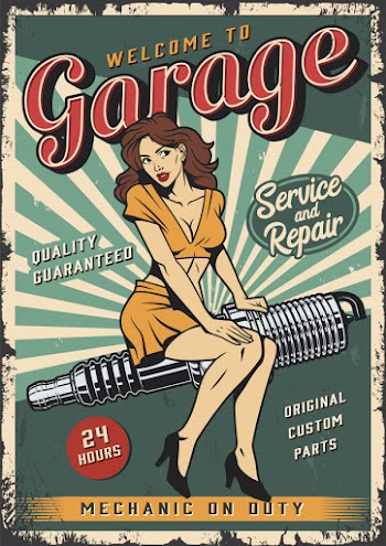 Vintage garage service poster template with pin up girl Free Vector
