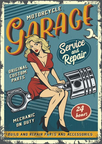 Vintage garage service poster template with pin up girl Free Vector