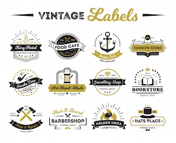 Vintage labels of hotel shops and cafe including bookstore barber Free Vector