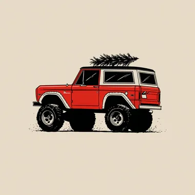Vintage Red Ford Bronco with Christmas Tree Vintage Red Ford Bronco with Christmas Tree