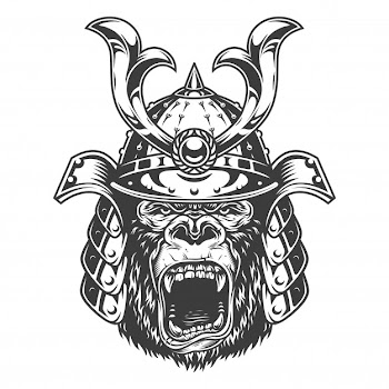 Vintage serious gorilla warrior in samurai helmet in monochrome style   illustration Free Vector