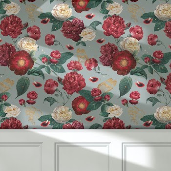Vintage wallpaper red flowers mockup