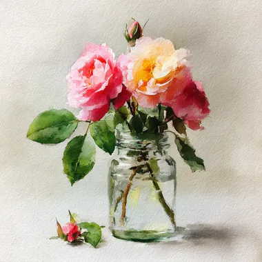 Vintage Watercolor Roses Arrangement in Glass Jar Vintage Watercolor Roses Arrangement in Glass Jar