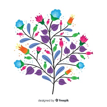 Violet leaves and spring flowers in flat design Free Vector
