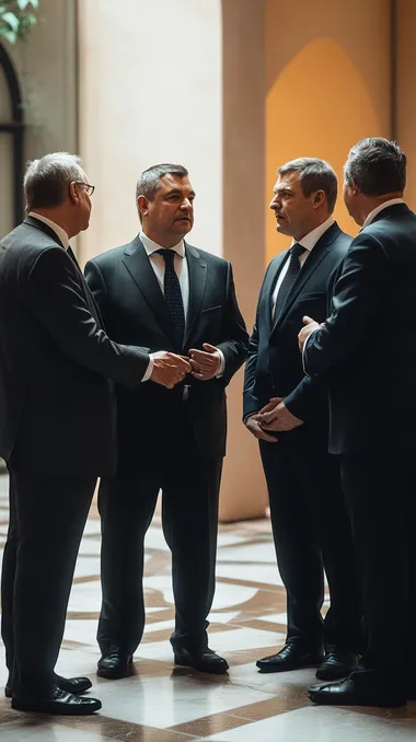 Visegrad Four Politicians Discussing Diplomacy Outdoors in Formal Attire