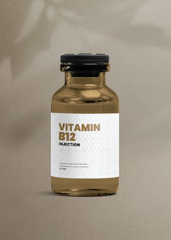 Vitamin B12 injection amber glass bottle with luxurious label for health and wellness product packaging