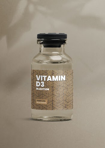 Vitamin D3 injection glass bottle with luxurious label for health and wellness product packaging