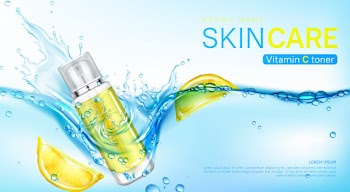 Vitamin toner banner, cosmetics bottle in water Free Vector