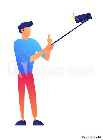 Vlogger with hand victory sign taking selfie with a selfie stick and smartphone vector illustration