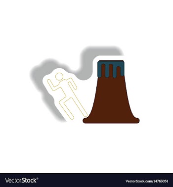 Volcano and man silhouette running in sticker vector image