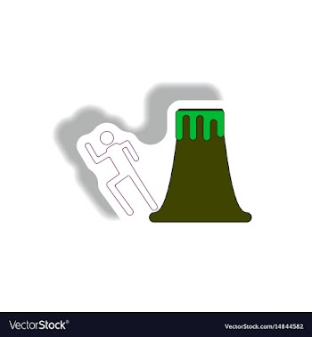 Volcano and man silhouette running in sticker vector image