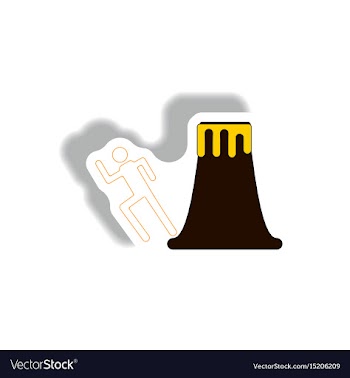 Volcano and man silhouette running in sticker vector image