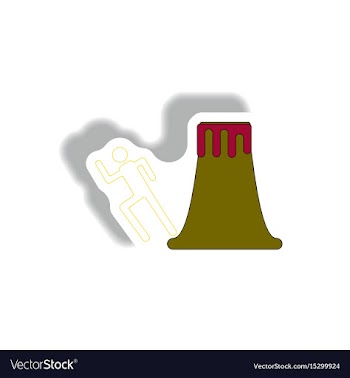 Volcano and man silhouette running in sticker vector image