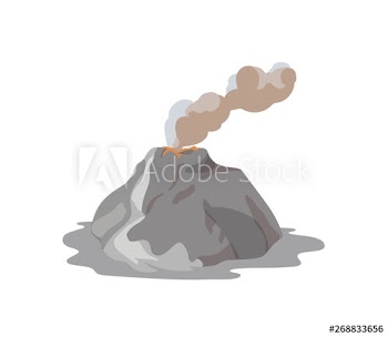 Volcano erupting and emitting vapor, dust cloud and magma isolated on white background
