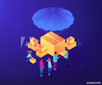 Volunteers giving humanitarian aid boxes delivered with parachute to refuges