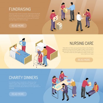 Volunteers isometric banners set Free Vector