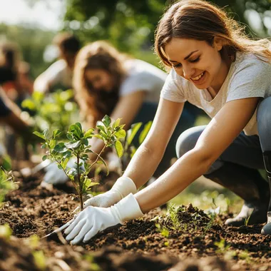 Volunteers Planting Trees in Local Park with Gardening Tools - PNG