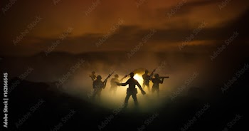 War Concept. Military silhouettes fighting scene on war fog sky background, World War Soldiers Silhouettes Below Cloudy Skyline At night. Attack scene. Armored vehicles. Tanks battle