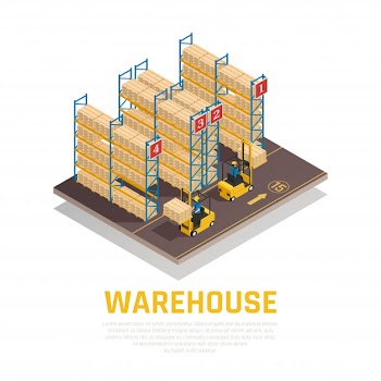 Warehouse isometric composition of racks with boxes and workers loading cargo by forklift Free Vector