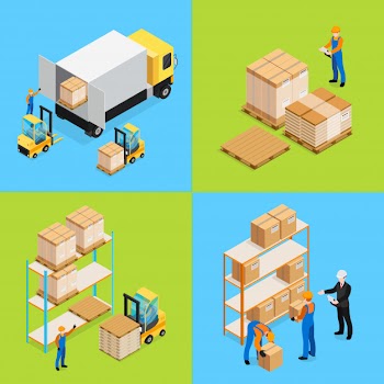 Warehouse isometric compositions Free Vector