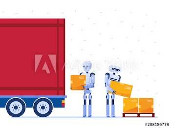 Warehouse robot workers loading truck with cardboard boxes