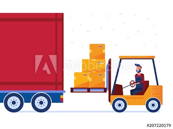 Warehouse worker is loading truck with modern forklift