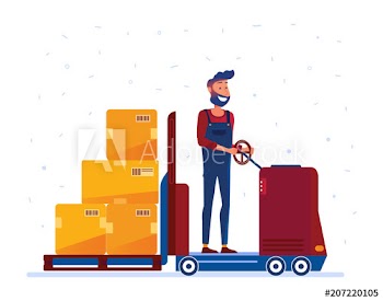 Warehouse worker moving boxes with electric forklift truck