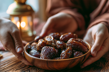 Warm Hands Sharing Medjool Dates for Ramadan Iftar