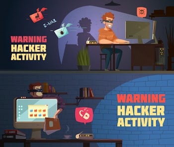 Warning hacker activity 2 retro cartoon horizontal banners