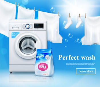 Washing machine advertising banner with realistic washing machine and laundry detergent images with text and clickable button Free Vector