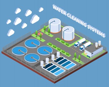 Water cleaning systems isometric composition with industrial treatment facilities and delivery trucks vector illustration Free Vector
