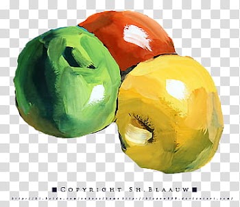 Water color , three round green, yellow, and red fruit painting transparent background PNG clipart