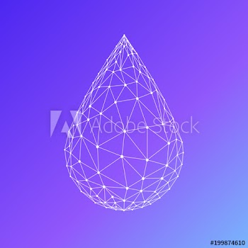 Water drop or oil drop icon made with blockchain technology network polygon isolated on violet background