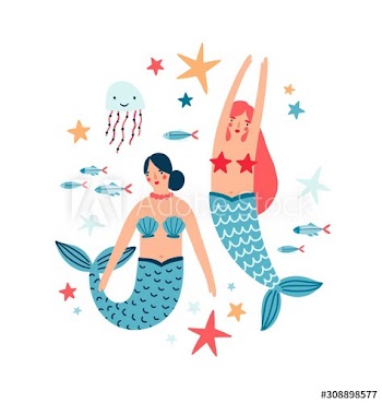 Water nymph and sea inhabitants flat vector illustration