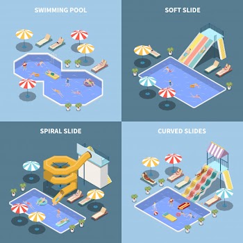 Water park aquapark isometric 2x2 design concept with images of water attractions and aqua park areas Free Vector