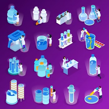 Water purification isometric and flat icon set with scientists work at the laboratory illustration Free Vector
