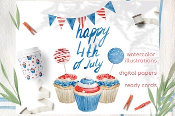 Watercolor 4th of july cupcakes clipart set