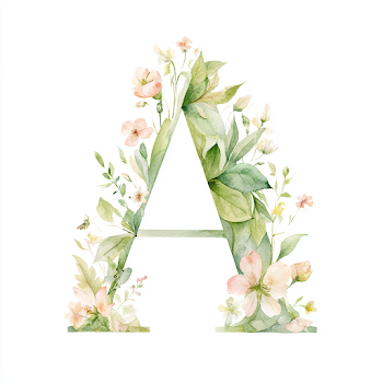 Watercolor Alphabet A with Floral Decoration