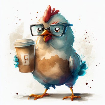 watercolor cartoon of a chicken holding a cup of to go coffee