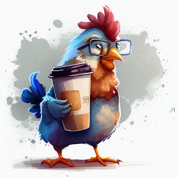 watercolor cartoon of a chicken holding a cup of to go coffee