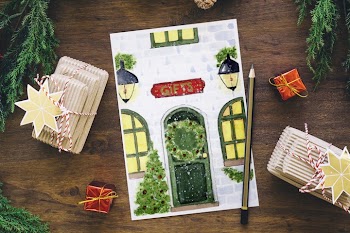 Watercolor Christmas Card. Christmas Eve. Cozy Home