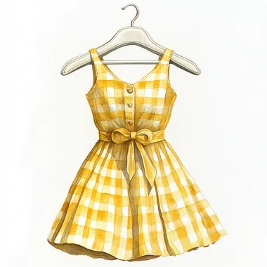 Watercolor Clipart: Yellow Gingham Summer Dress on Wooden Hanger