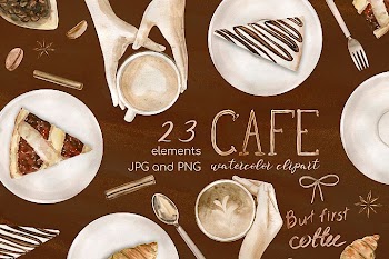 Watercolor Coffee Clipart Set. Cake clipart, food clipart